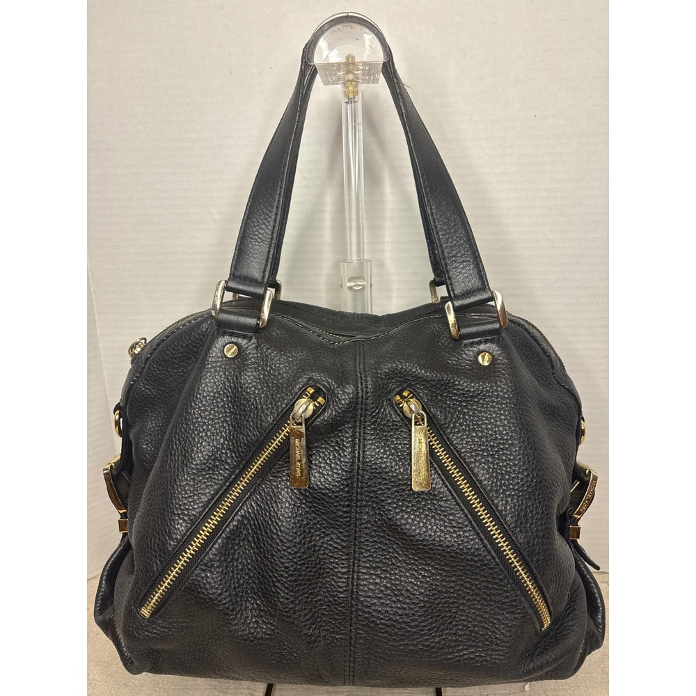 Michael Kors Black Pebbled Leather Satchel Gold Hardware Buckle Detail Bag